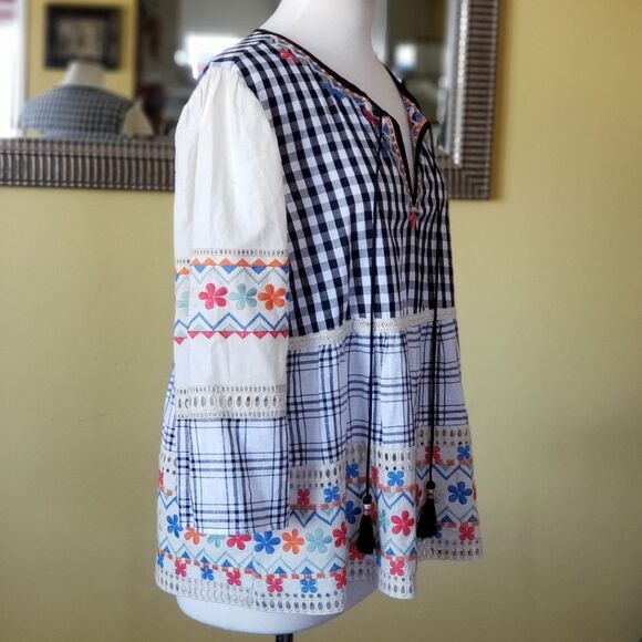 Daniel Rainn Tie Neck Gingham Embroidered Floral Eyelet 100% Cotton Top Large - Picture 4 of 12